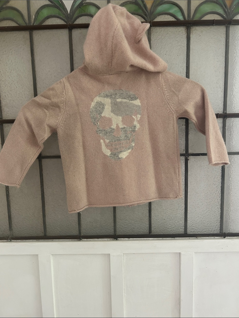 Skull Baby Cashmere Kids Hooded Knit sweater-with Skull Motif - Blush beige